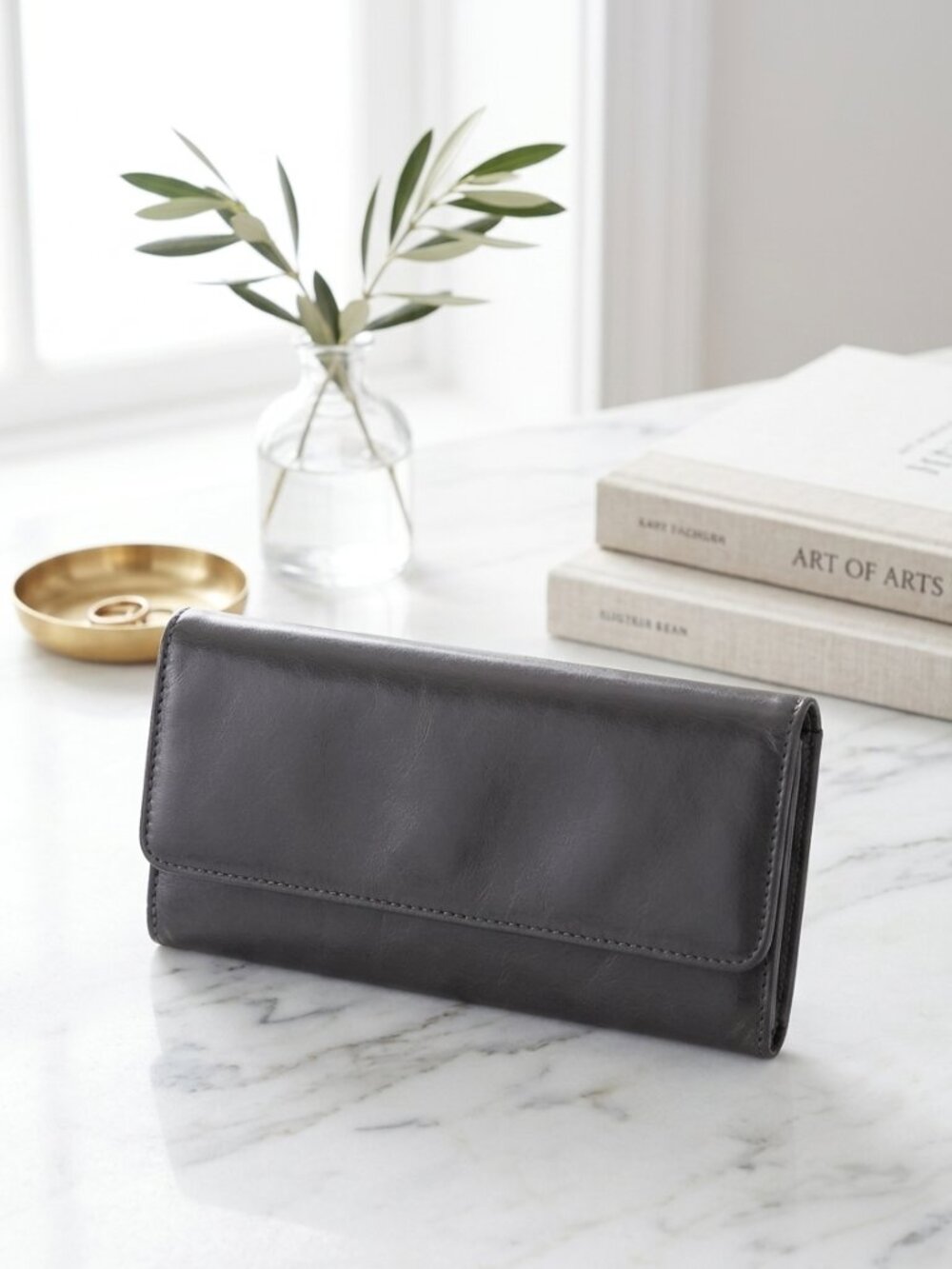HOBO Leather Continental Wallet Trifold Organizing Clutch Key Chain Dark Grey